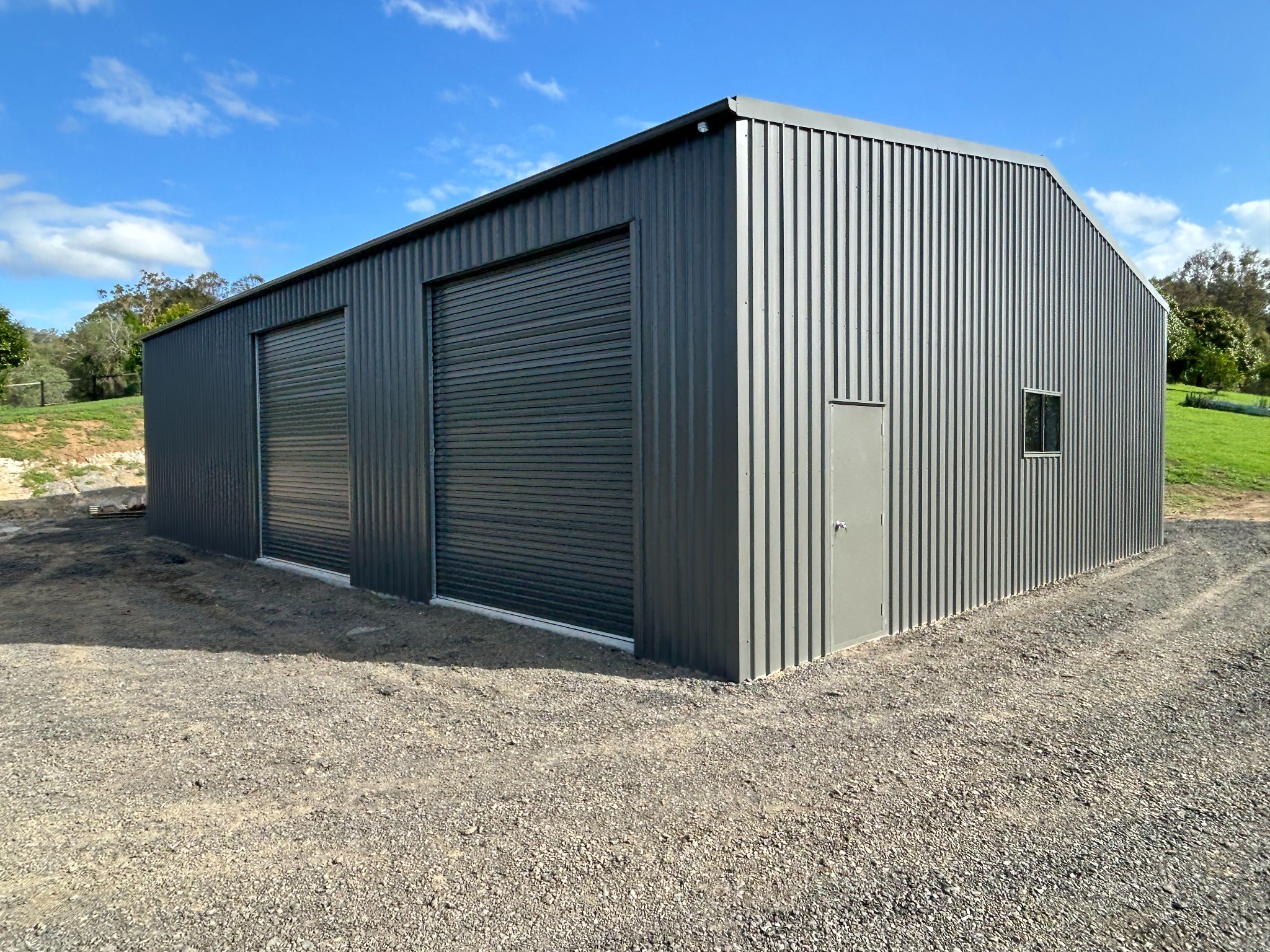 Charcoal double-bay workshop built by Superior Shed Market